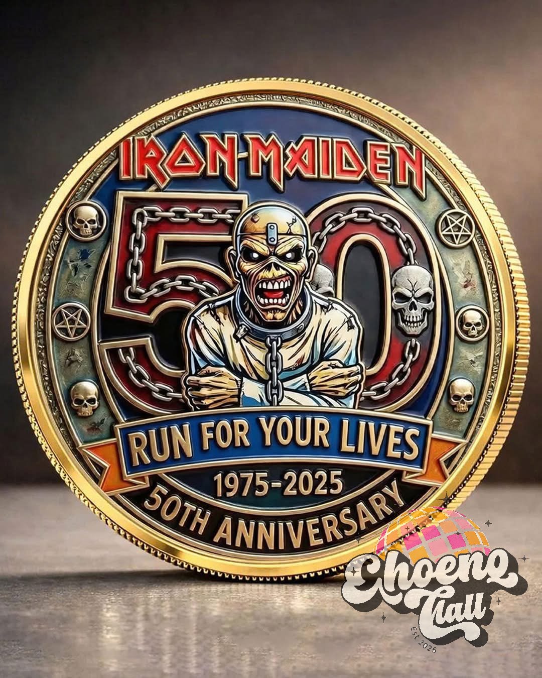 Iron Maiden 50th Anniversary 1975-2025 Run For Your Lives Commemorative Coin - Front View
