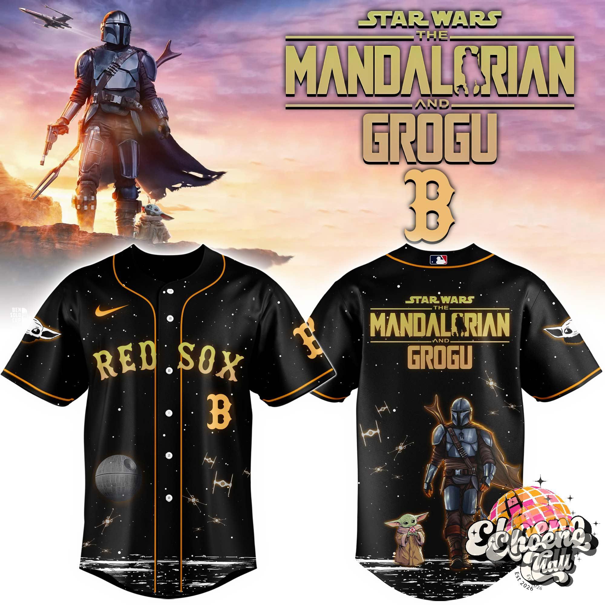 Boston Red Sox Star Wars The Mandalorian and Grogu Baseball Jersey - Front View
