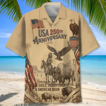 USA 250th Anniversary 1776-2026 Black Eagle Indian Chief American Bison Hawaiian Shirt