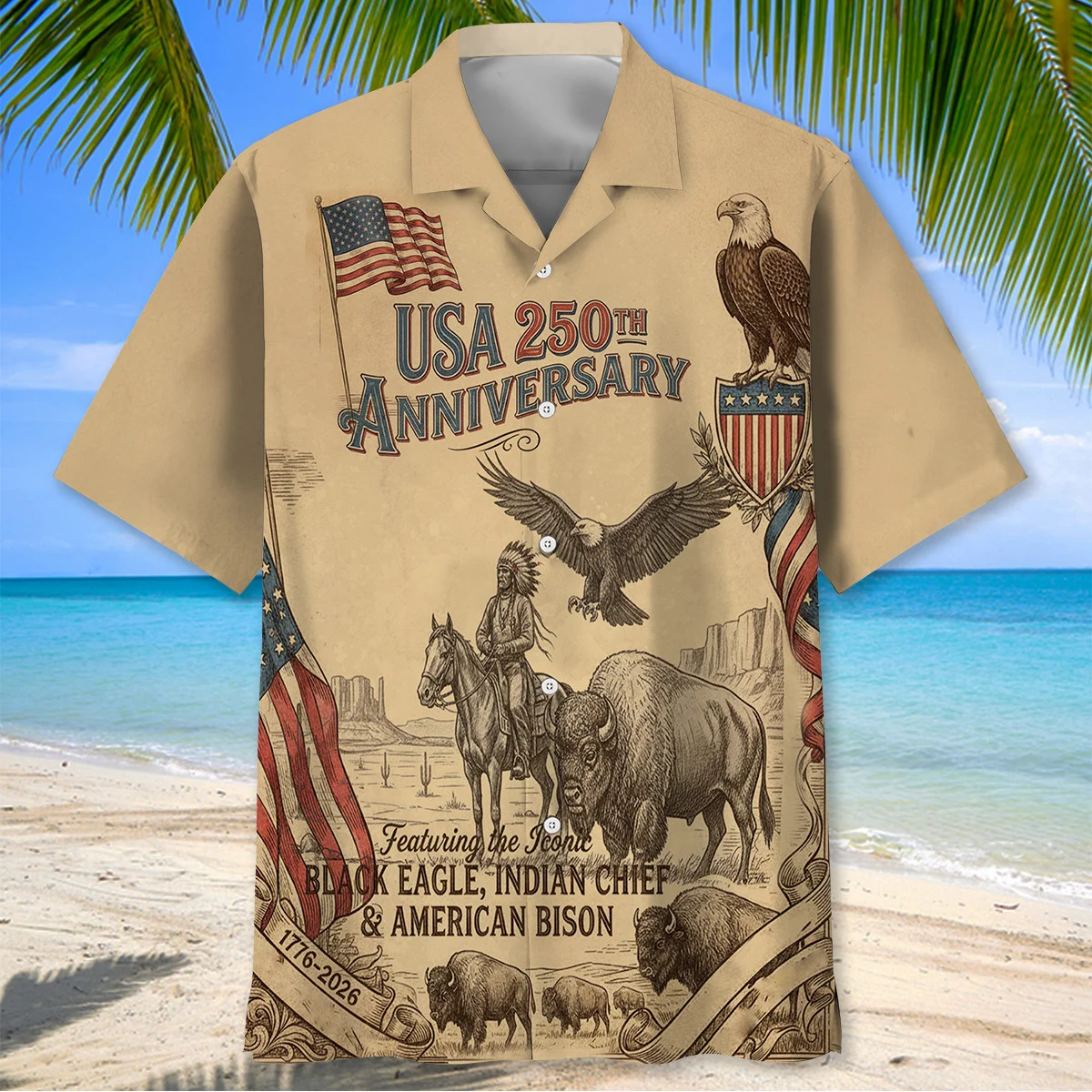 USA 250th Anniversary 1776-2026 Black Eagle Indian Chief American Bison Hawaiian Shirt - Detail View