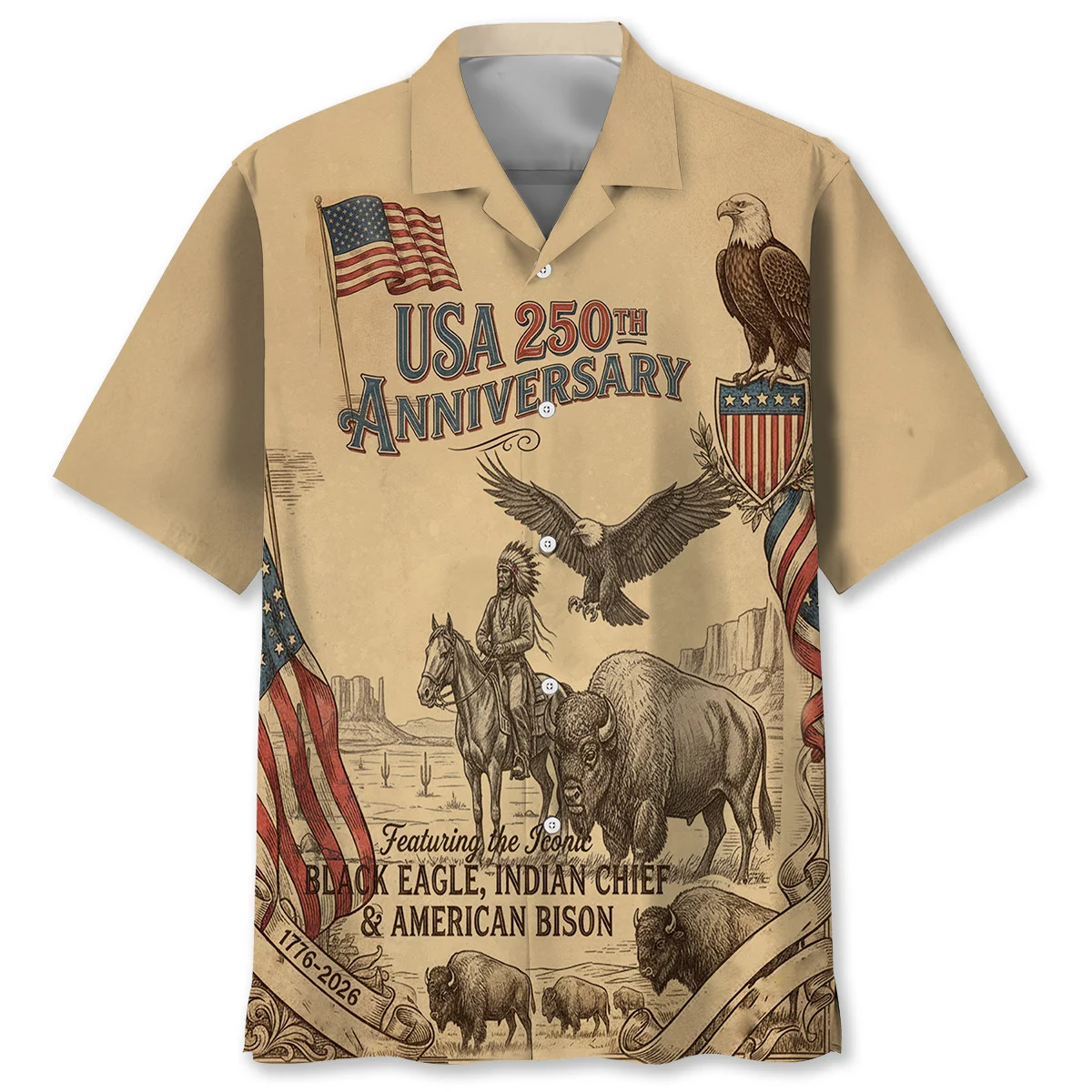 USA 250th Anniversary 1776-2026 Black Eagle Indian Chief American Bison Hawaiian Shirt - Front View