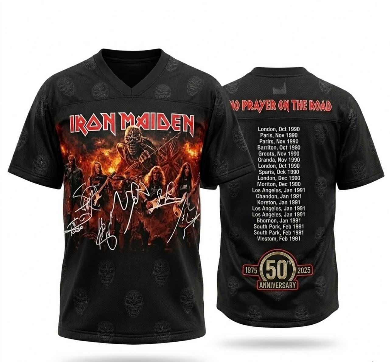 Iron Maiden 50th Anniversary No Prayer On The Road Tour Signatures Football Jersey - Detail View