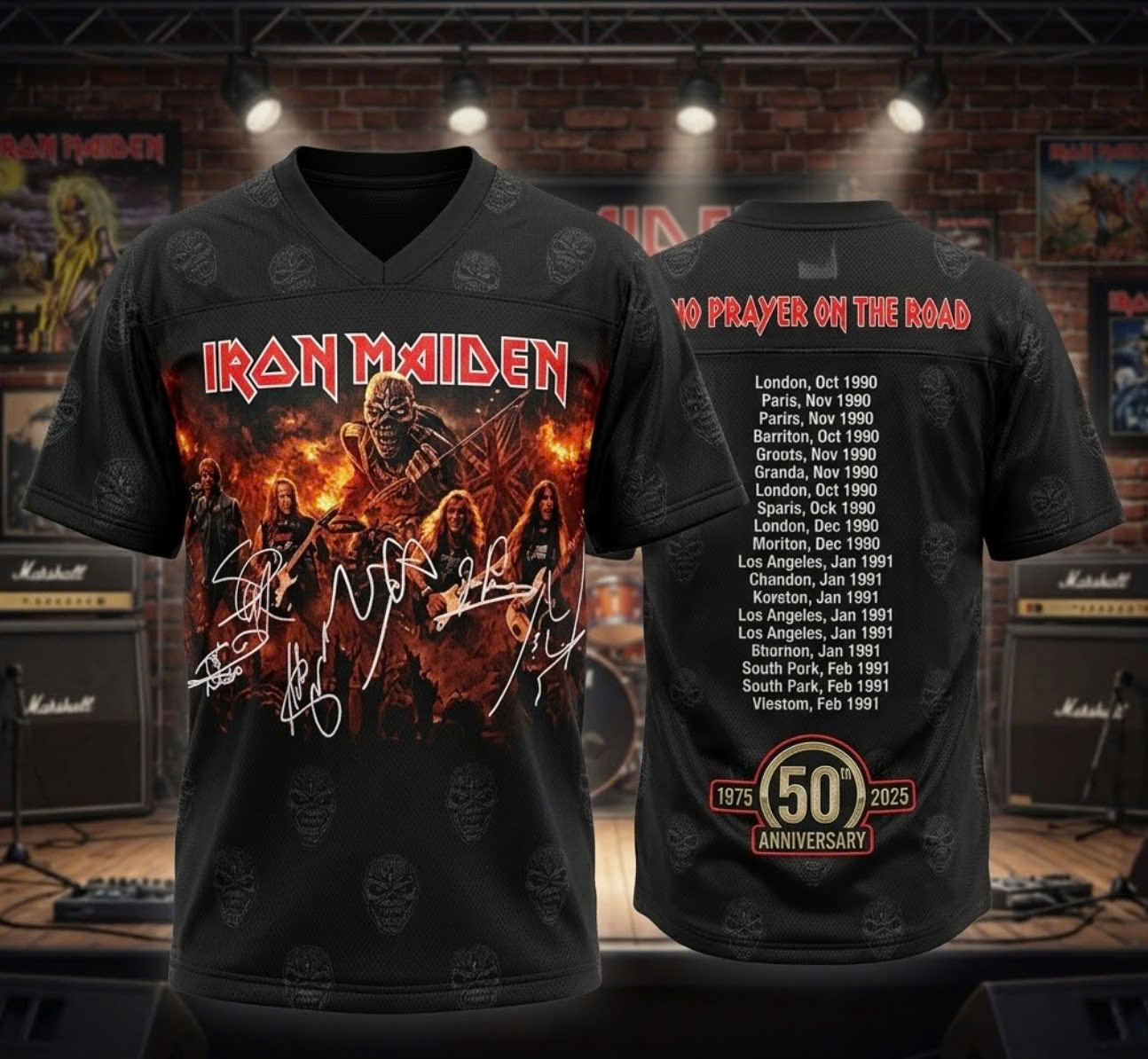 Iron Maiden 50th Anniversary No Prayer On The Road Tour Signatures Football Jersey - Front View