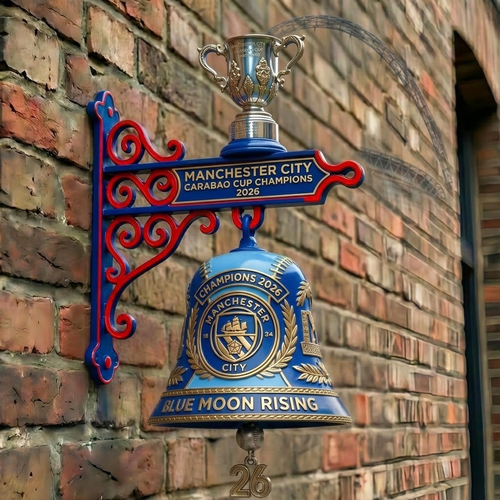 Manchester City Carabao Cup Champions 2026 Blue Moon Rising Wall Mounted Bell - Front View