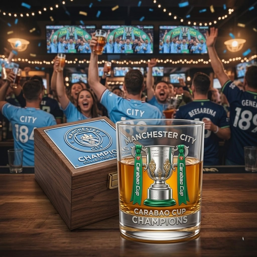 Manchester City Carabao Cup Champions Whiskey Glass - Front View