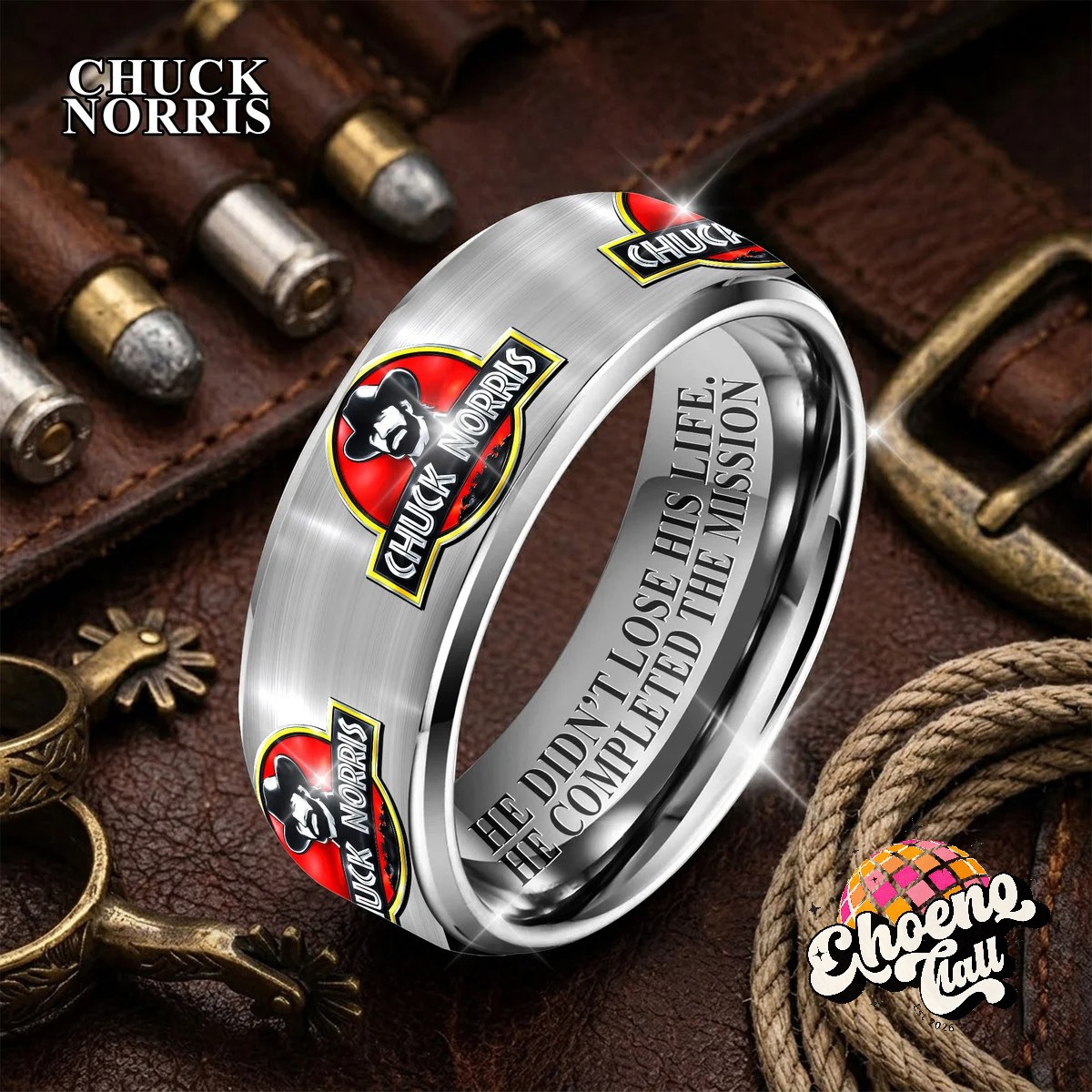 Chuck Norris Jurassic Park Parody He Didn't Lose His Life He Completed The Mission Ring - Front View