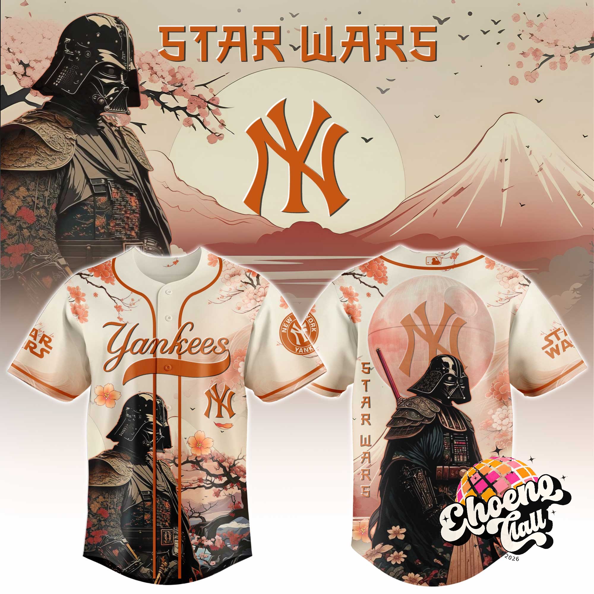 New York Yankees Star Wars Darth Vader Samurai Japanese Art Style Baseball Jersey - Front View