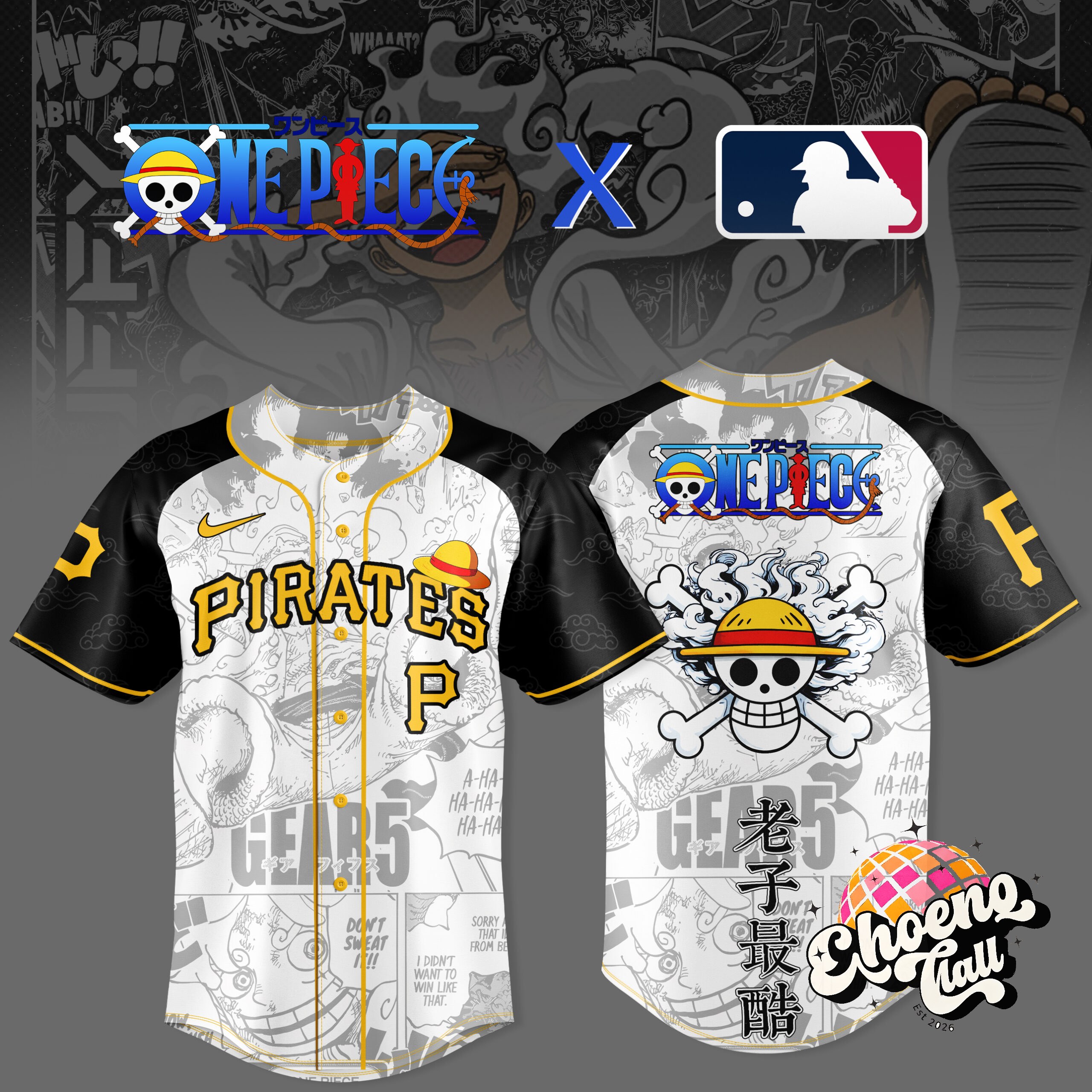 One Piece x Pittsburgh Pirates Gear 5 Baseball Jersey - Front View