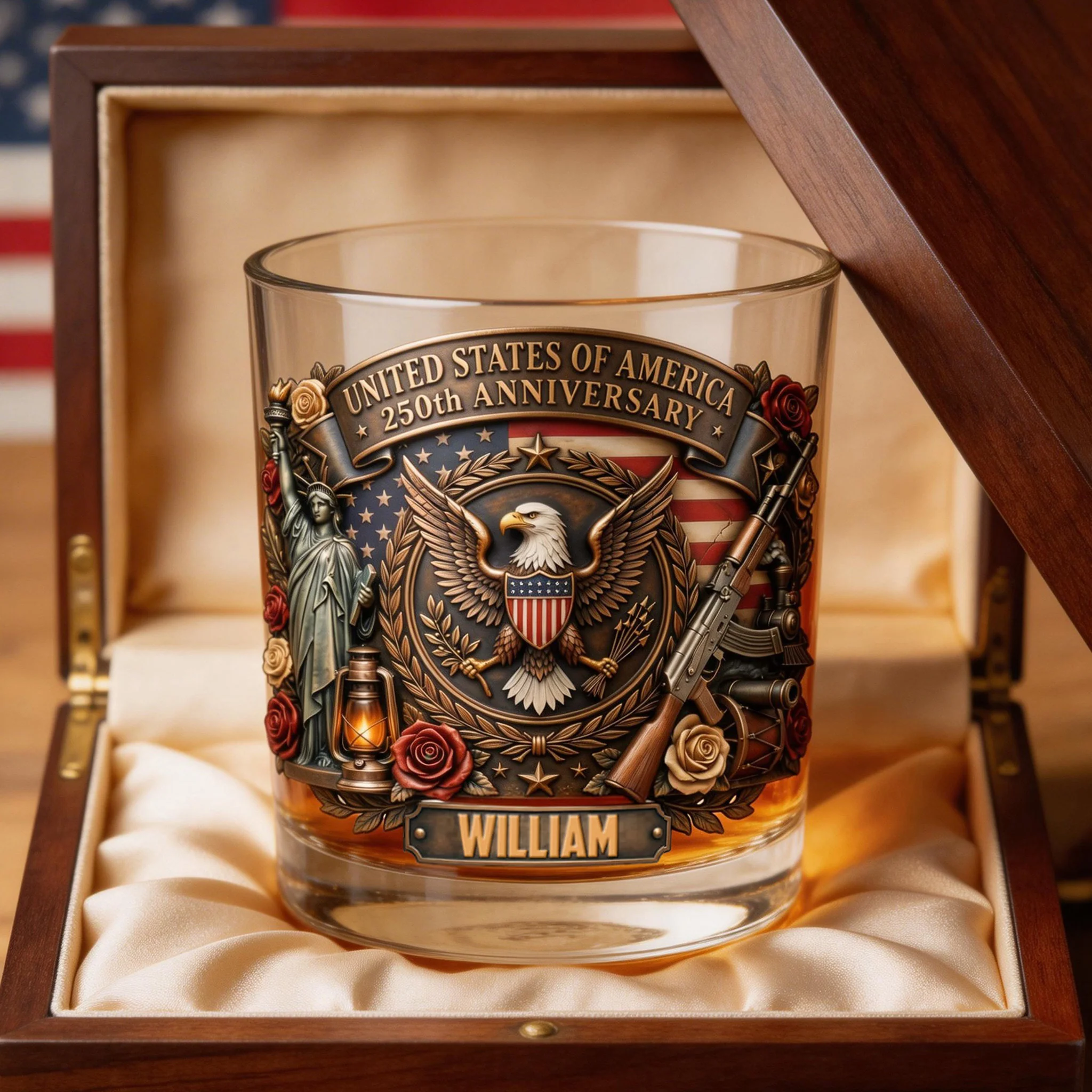 United States of America 250th Anniversary Personalized Whiskey Glass - Front View