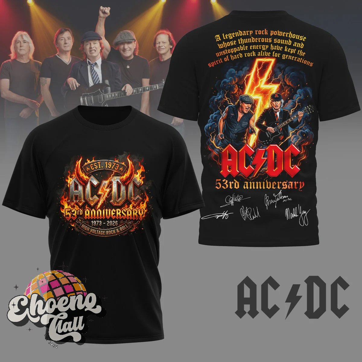 AC/DC 53rd Anniversary 1973-2026 Signatures T-Shirt - Front View