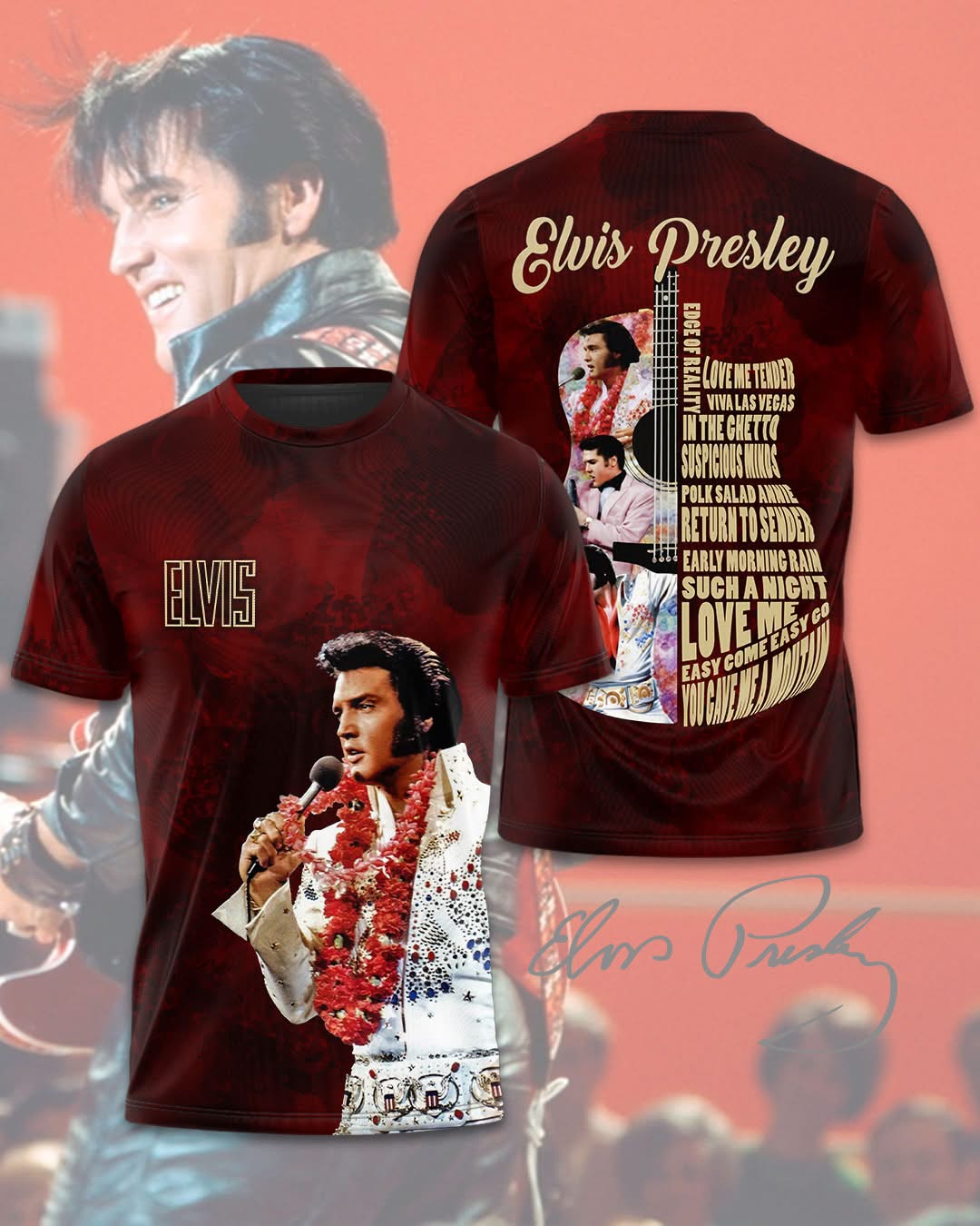 Elvis Presley Song List Guitar T-Shirt - Front View