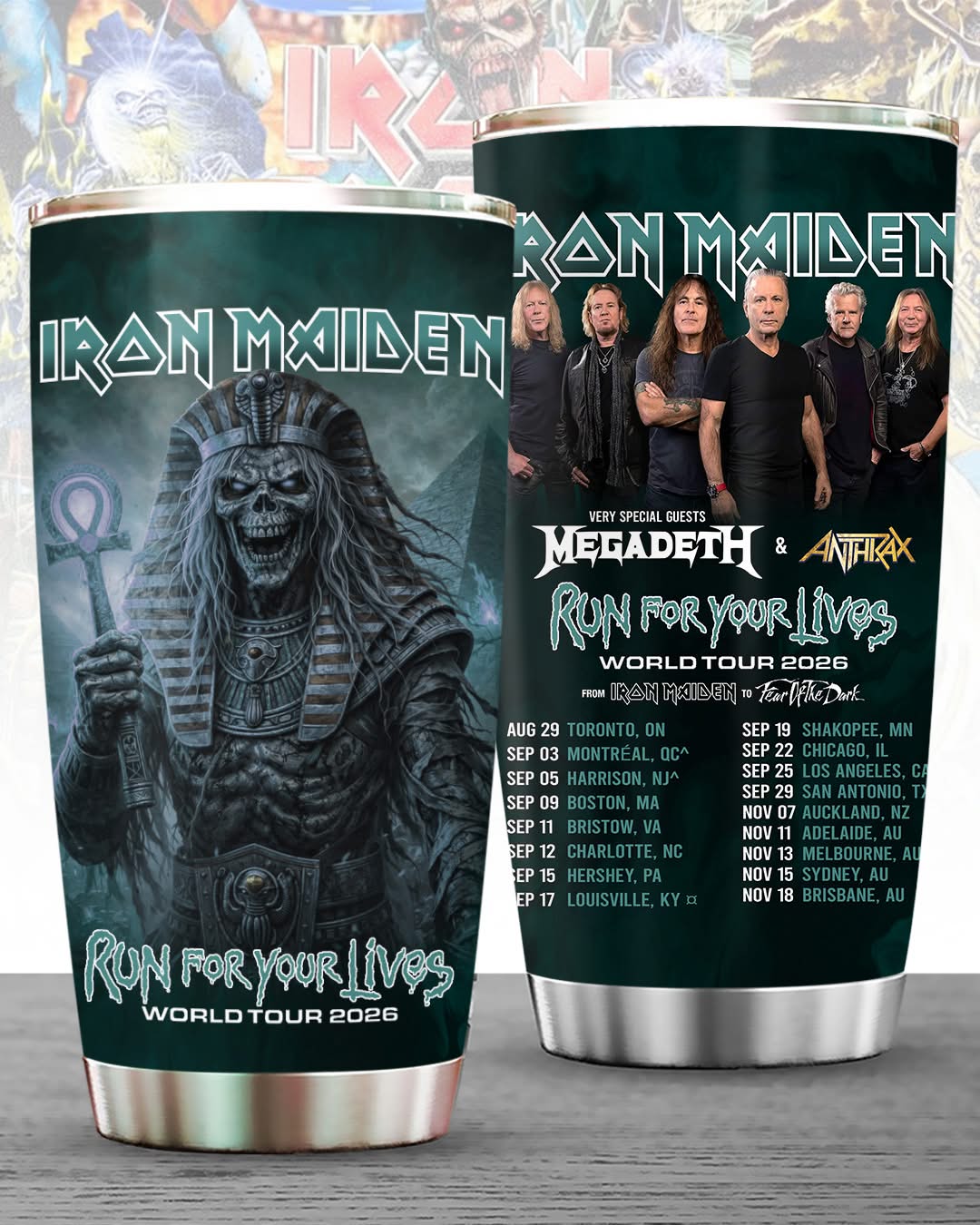 Iron Maiden Run For Your Lives World Tour 2026 with Megadeth and Anthrax Tumbler - Front View