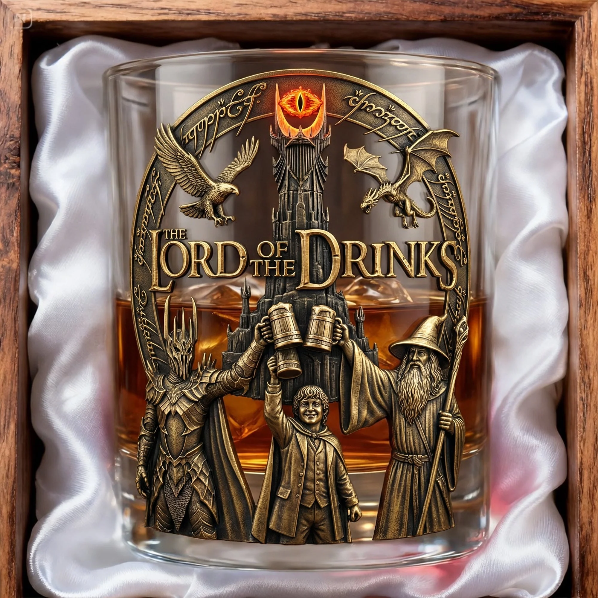 The Lord Of The Drinks Parody Whiskey Glass - Front View